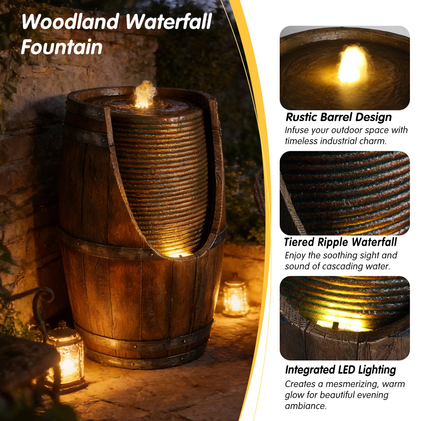 Outdoor Water Fountain with Lights Rustic Wood Look Resin Garden Decor for Patio Yard