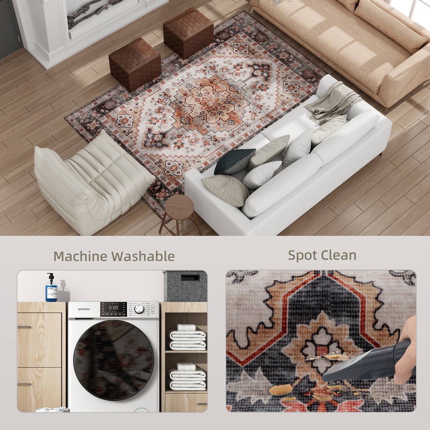 Boho Area Rug 5x7 - Machine Washable Non-Slip Medallion Design in Tawny Brown