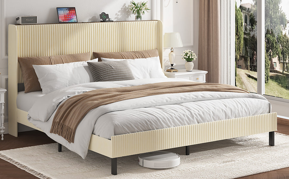Queen Metal Platform Bed Frame with Charging Station - Beige