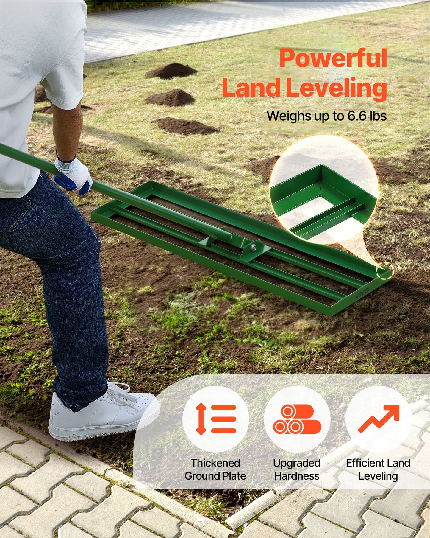 Heavy-Duty Lawn Leveling Rake with 36x10 Inch Steel Plate & 78-Inch Handle