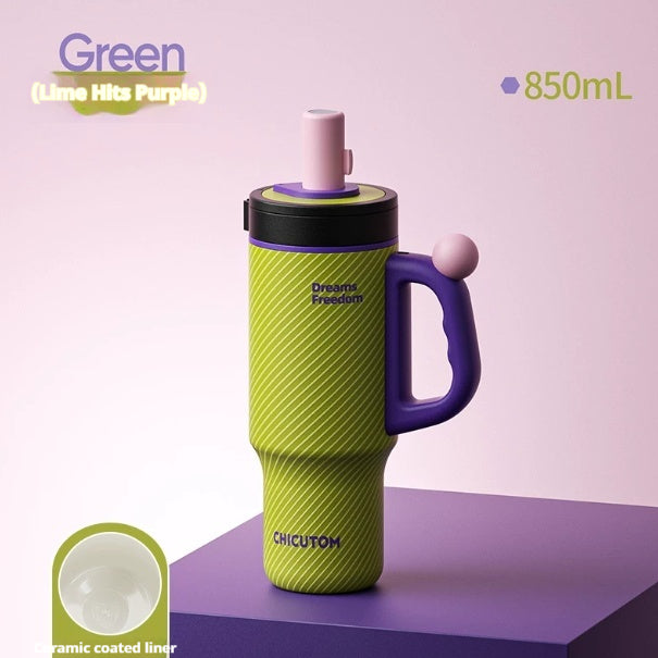 Large-Capacity Insulated Ceramic & Stainless Steel Travel Cup with Handle