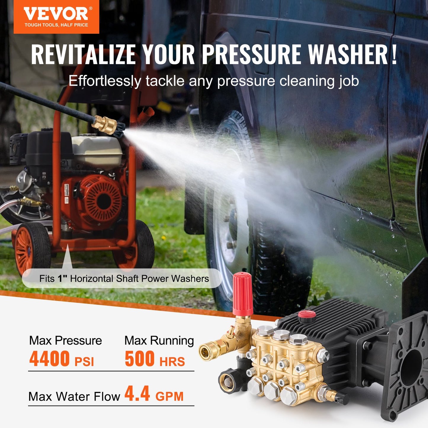 Pressure Washer Pump 4400 PSI 4.4 GPM Horizontal Triplex Plunger Black
