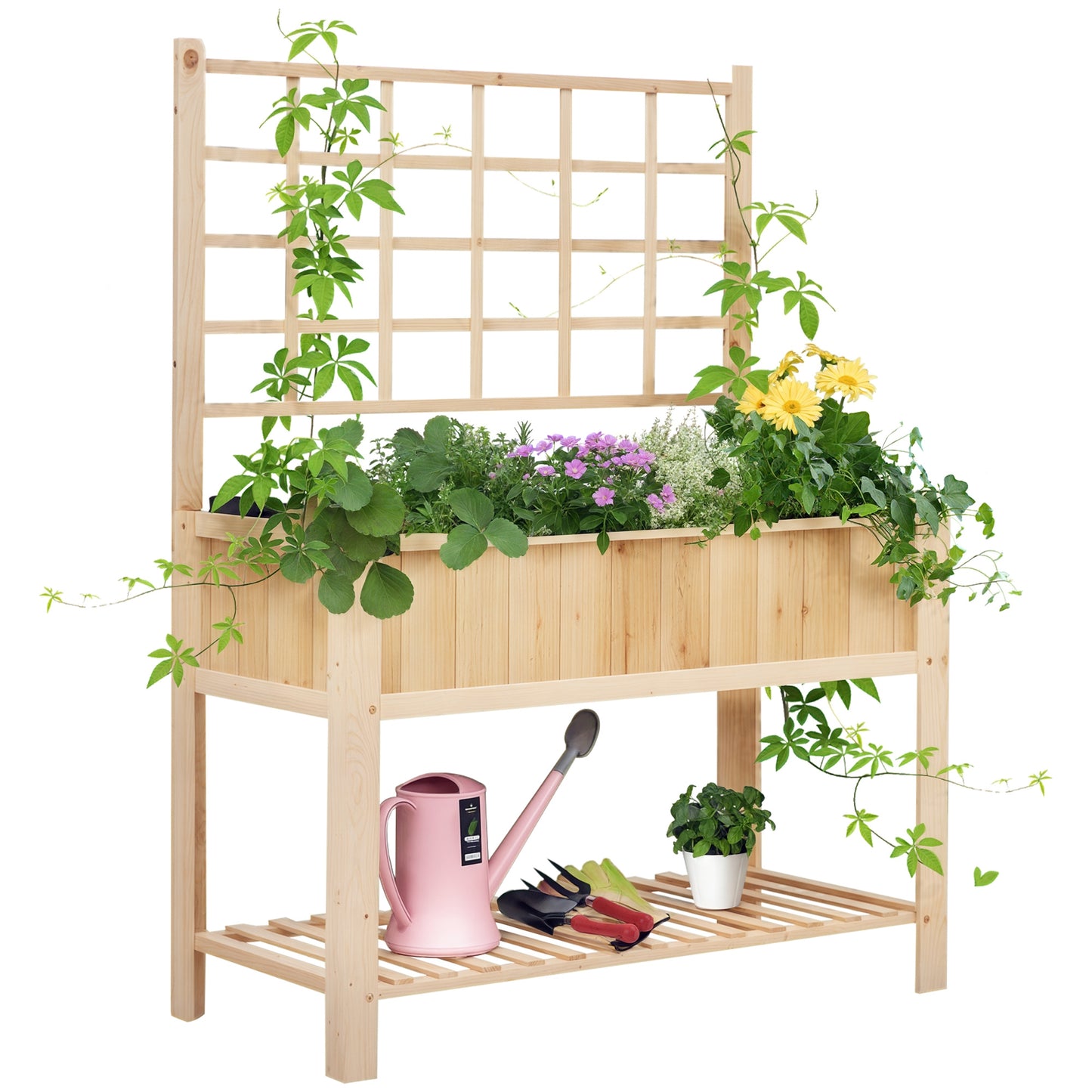 Wooden Raised Garden Bed with Trellis and Open Storage Shelf - Natural, 1235x670x165mm