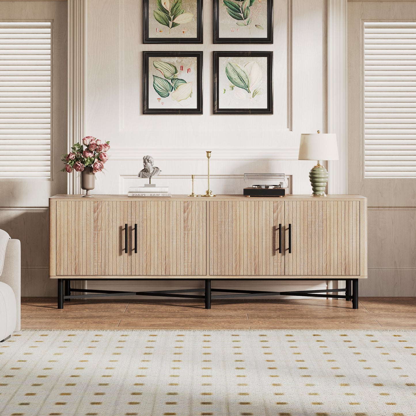 4-Door TV Cabinet with Adjustable Shelves - Natural