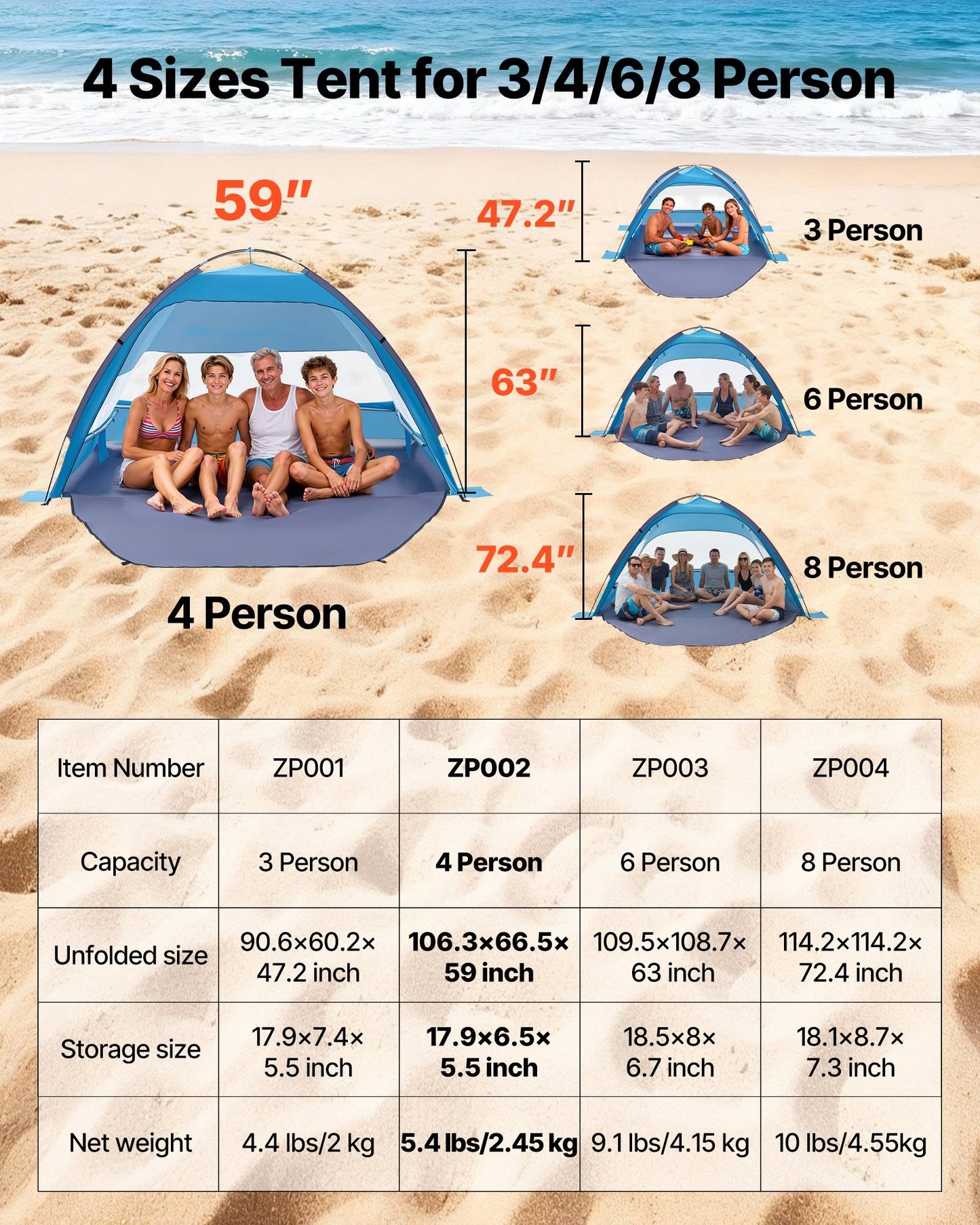 4-Person Beach Tent Sun Shelter with UPF 50+ Protection & Portable Carrying Bag