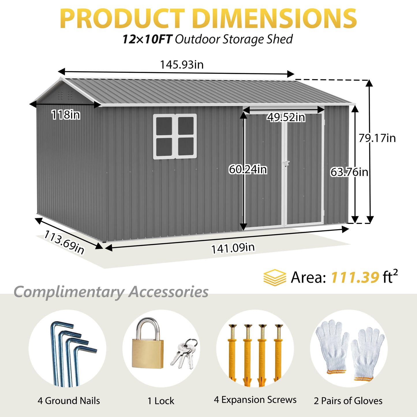 12x10 FT Heavy Duty Metal Outdoor Storage Shed - Grey