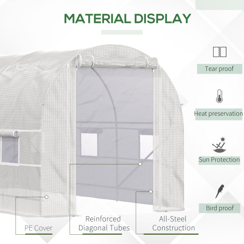 Large Walk-In Greenhouse Kit with Steel Frame and Roll-Up Windows - 15x7x7 ft