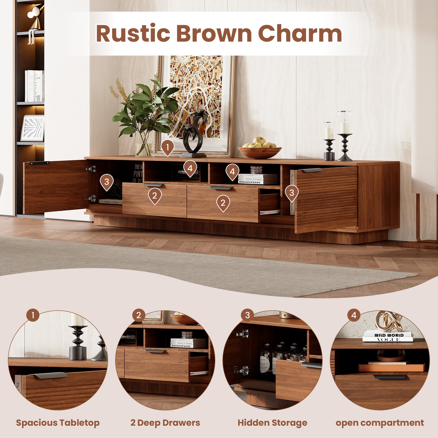78 Inch Modern TV Stand for 85 Inch TVs - Walnut Finish