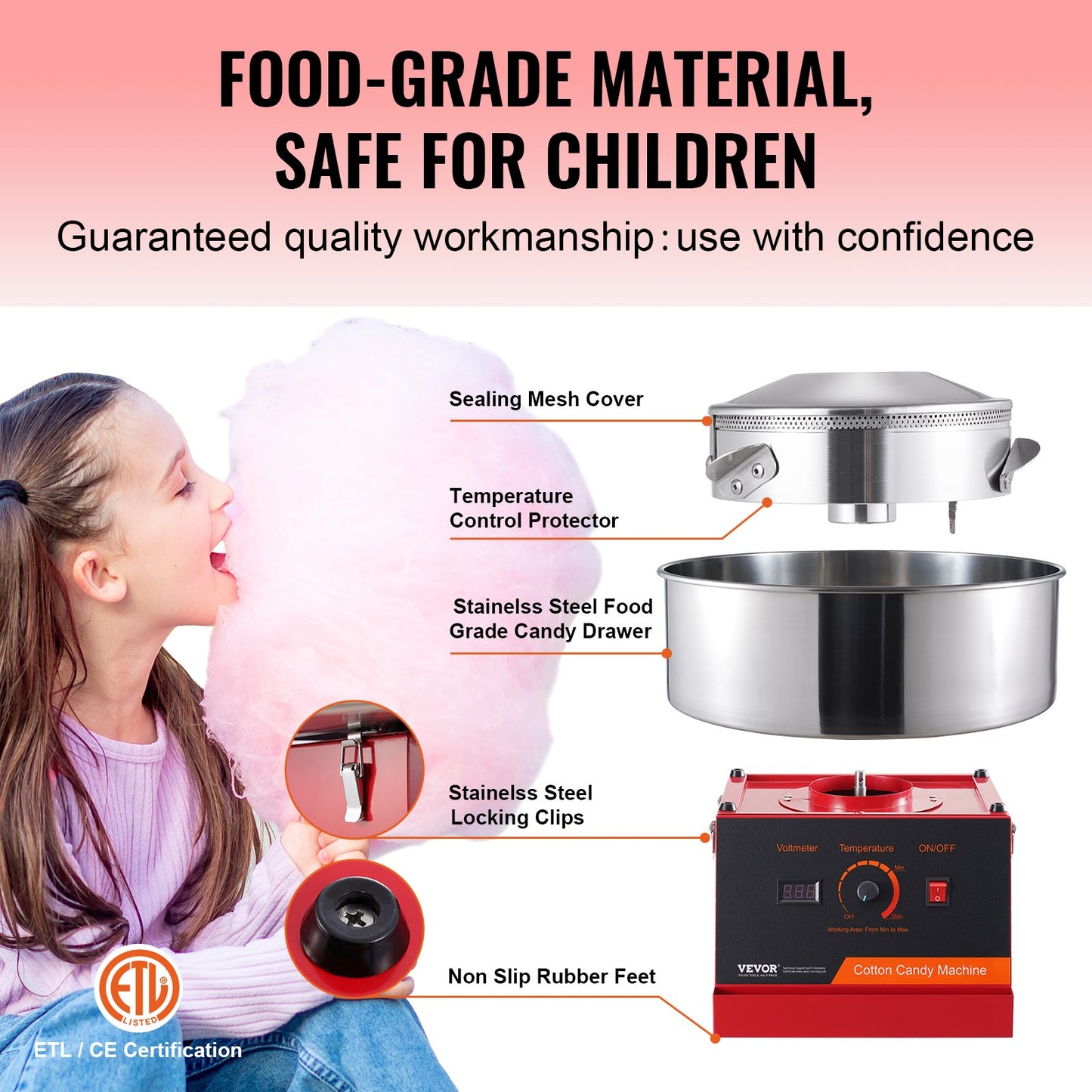 Electric Cotton Candy Machine 1000W Commercial Candy Floss Maker with Stainless Steel Bowl - Red