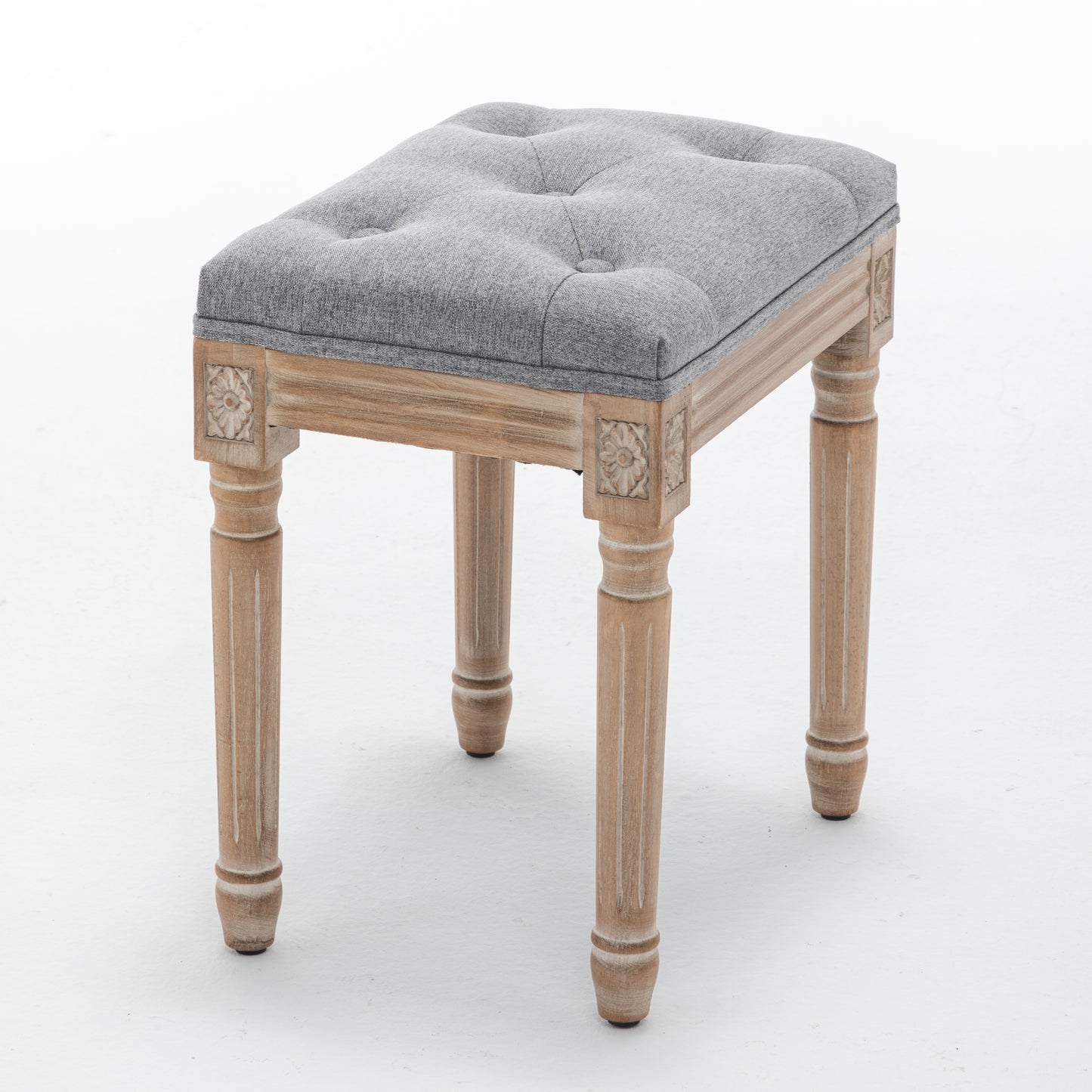 Grey Tufted Vanity Stool with Solid Wood Legs - Bedroom Bench