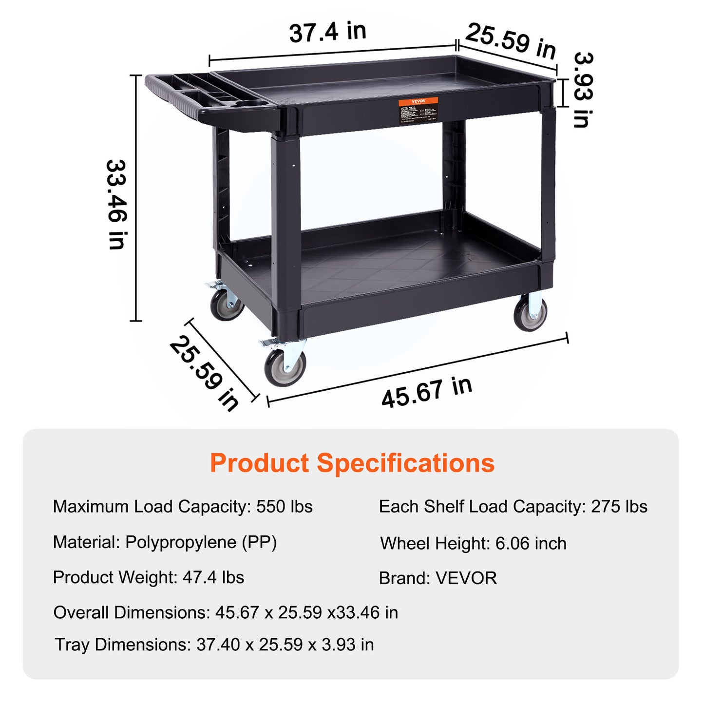 Heavy Duty Utility Service Cart with 2 Shelves and Swivel Wheels - 550LBS Capacity