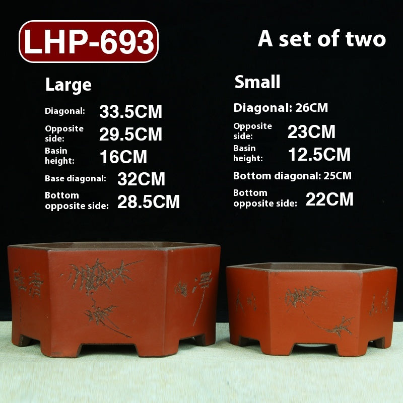 Large Hexagonal Ceramic Bonsai Basin with Purple Sand for Home Garden