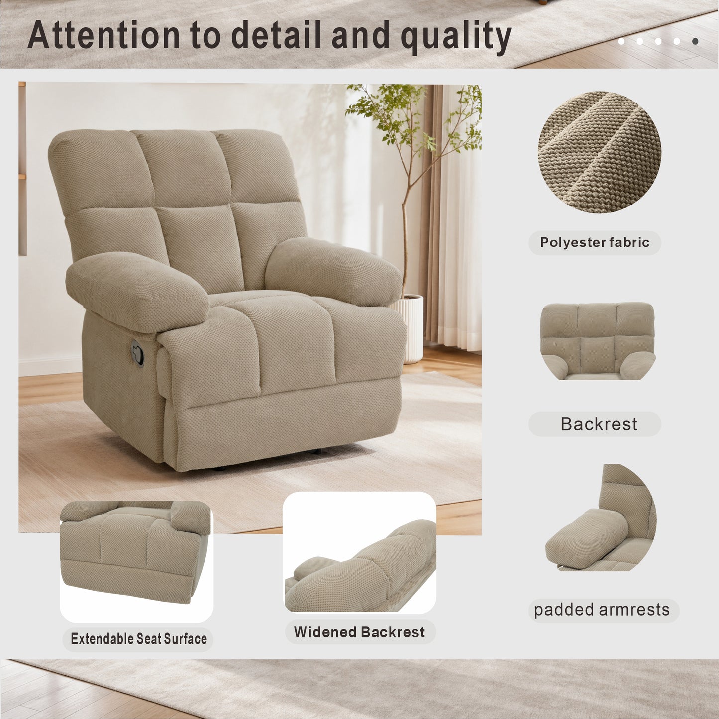 Modern Manual Rocker Recliner Chair - Camel Fabric Upholstery