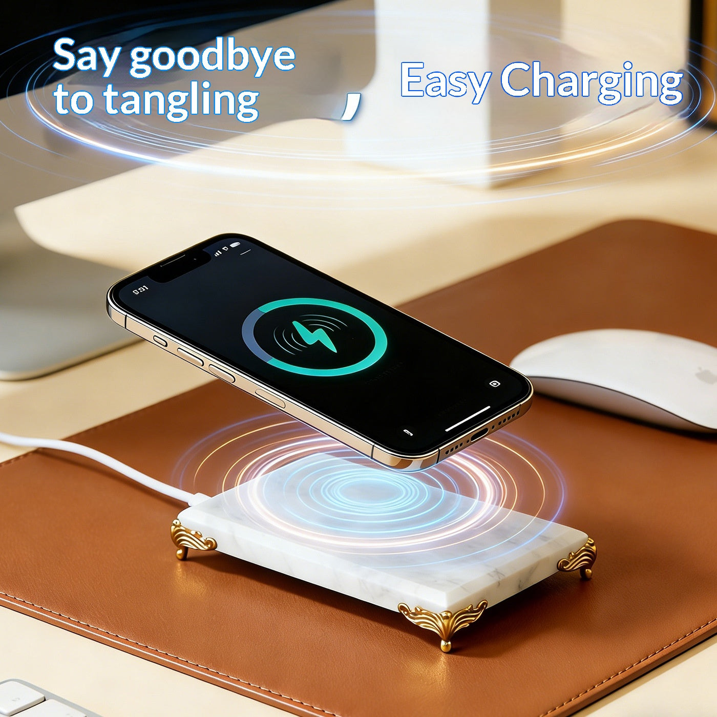 Natural Marble Wireless Charging Stand - Elegant Home Office Accessory