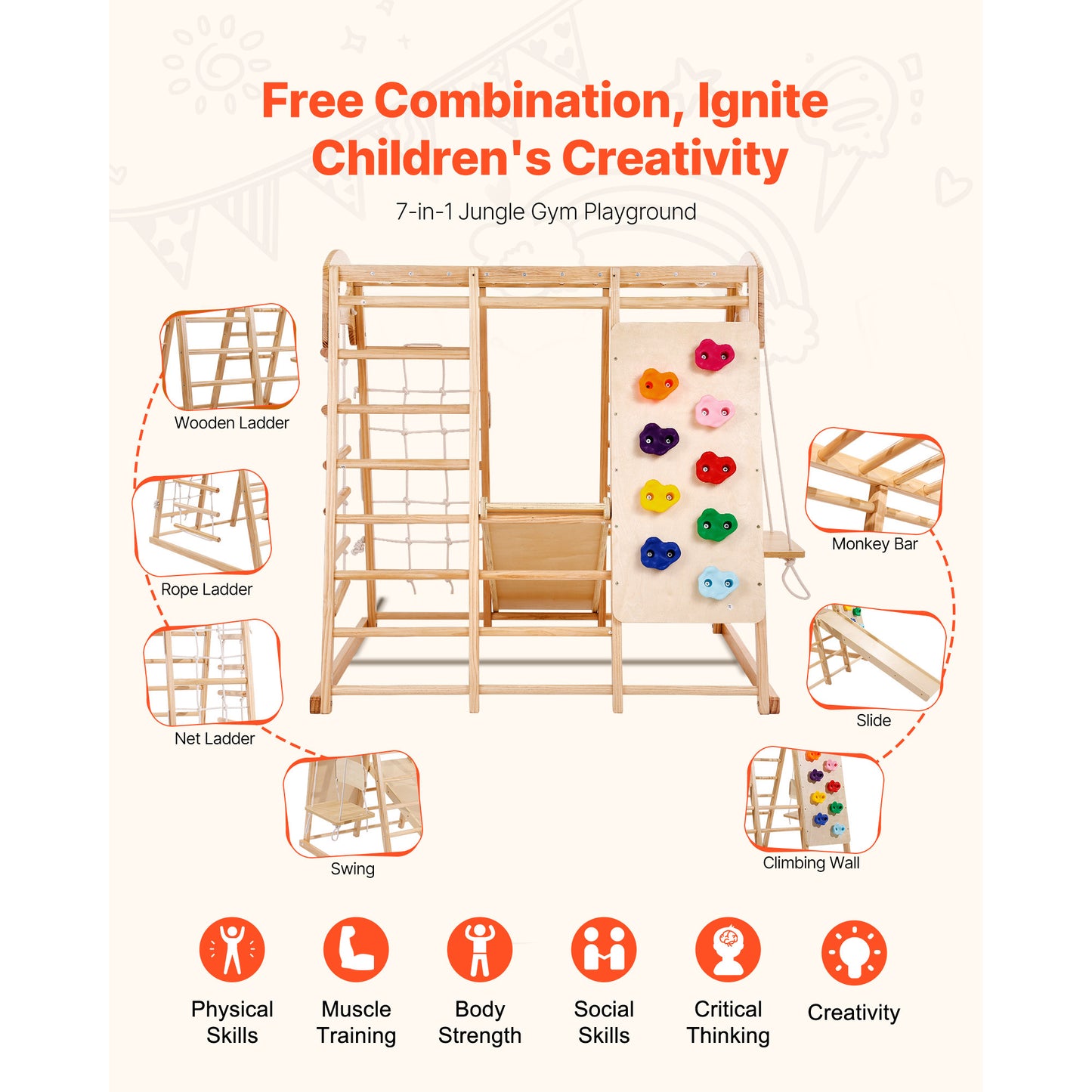 Indoor Jungle Gym 7-in-1 Toddler Playset with Slide Swing Climbing Wall
