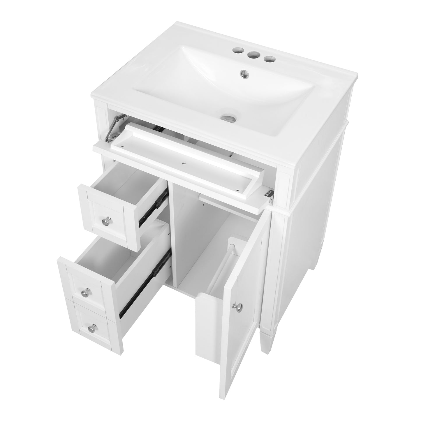 24-Inch Modern Bathroom Vanity with Ceramic Sink & 3 Drawers - White