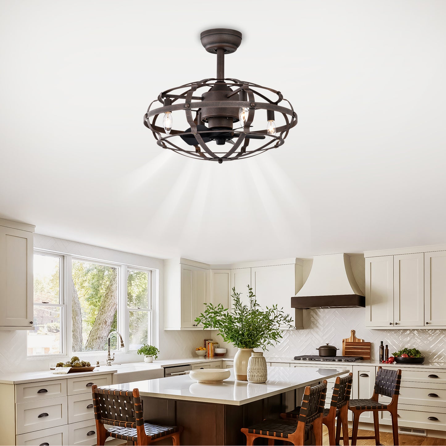 20.63 Inch Caged Ceiling Fan with Lights - Rust Red, Remote Control