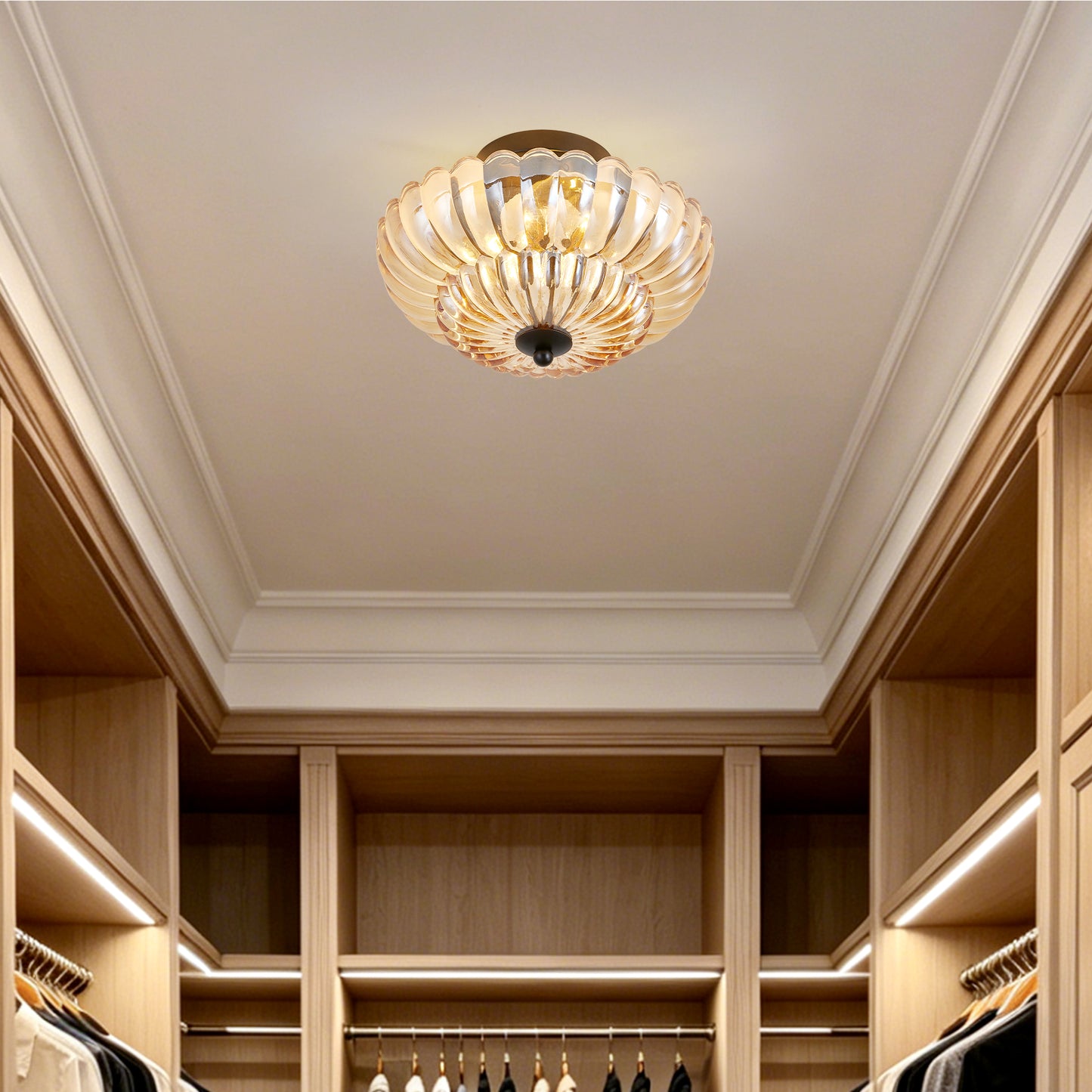 Amber Glass Ceiling Light Fixture for Living Room & Bedroom - 3 Bulb Modern Flush Mount