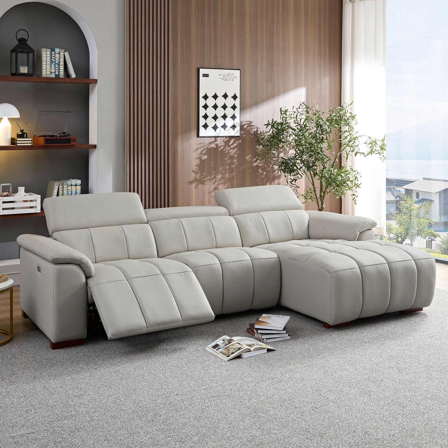 Electric Reclining Sofa - Modern L-Shaped Genuine Leather Couch with USB Port - Light Grey