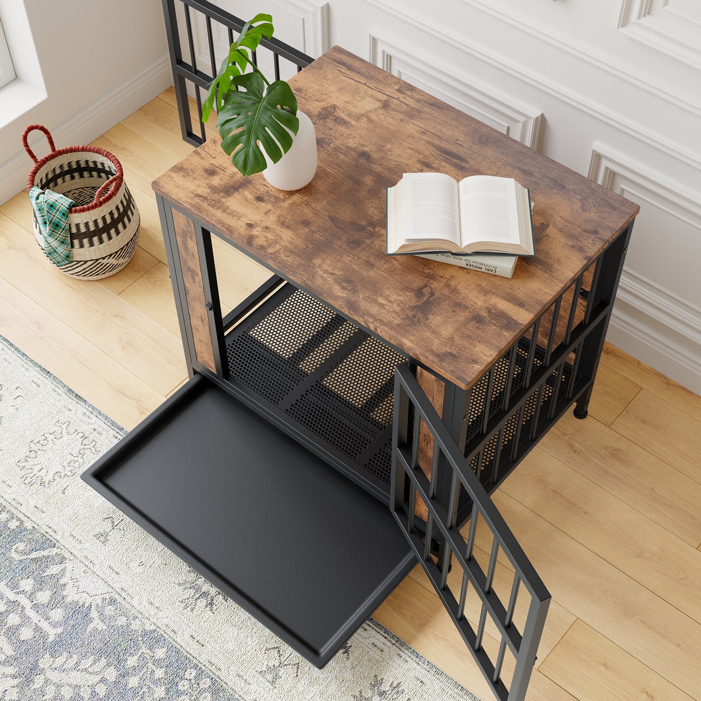 Wooden Dog Crate Table with 2 Sliding Doors - Rustic Brown