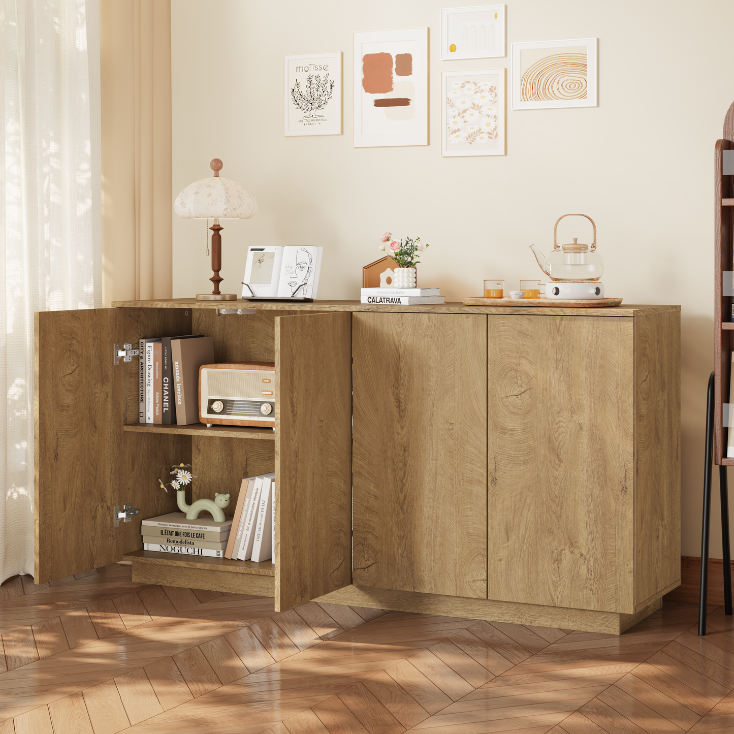 Natural Wood Sideboard Buffet Cabinet with 4 Doors & Adjustable Shelves