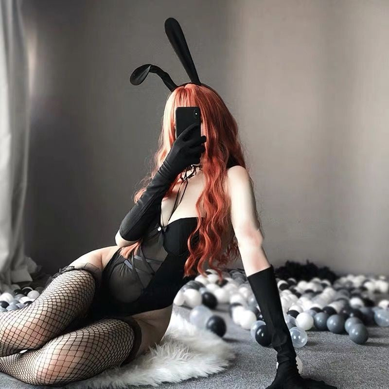 Women's Cosplay Underwear Costume Set with Lace Mesh Socks - Black