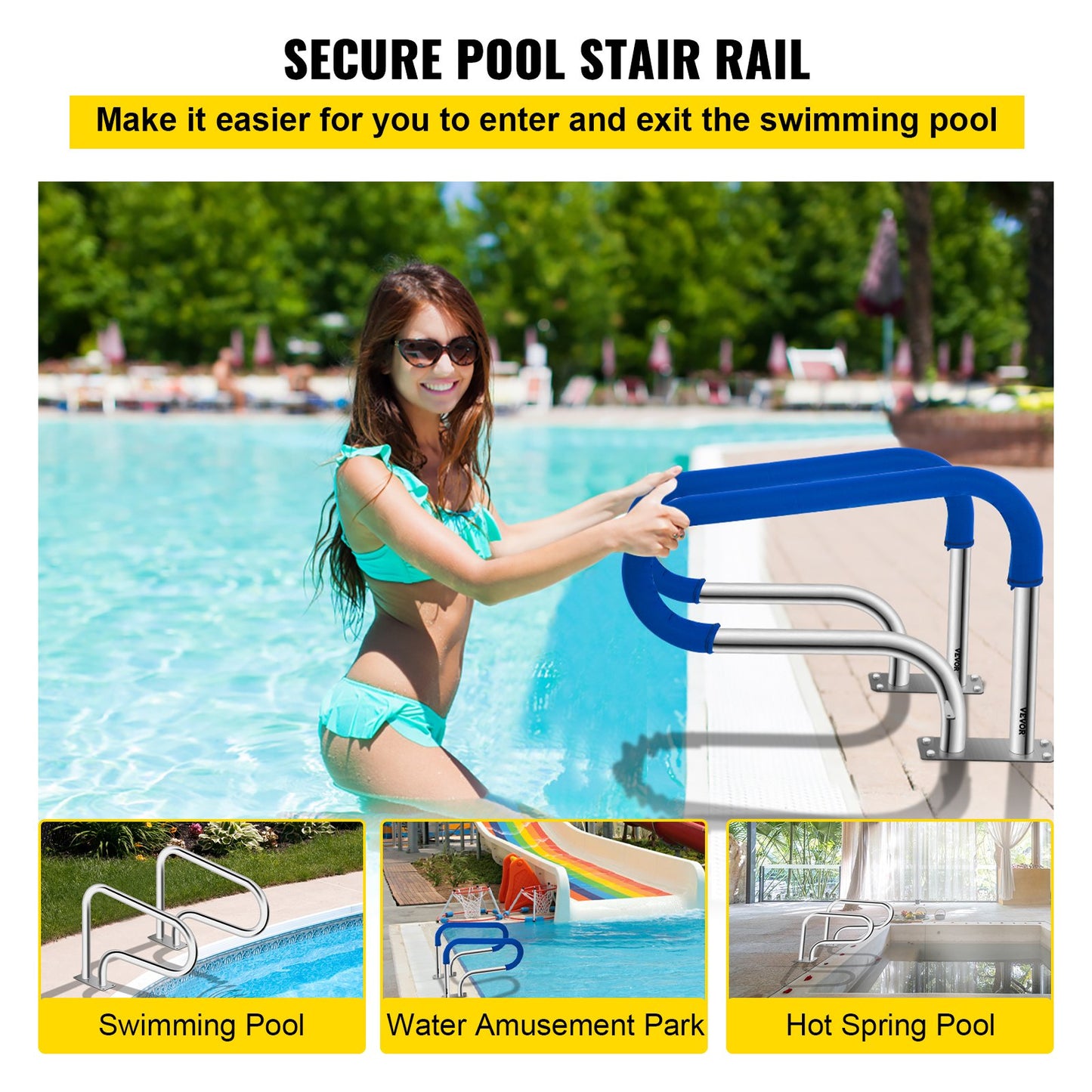 Swimming Pool Handrail 4ft Stainless Steel Stair Rail with Nylon Grip & Base Plate