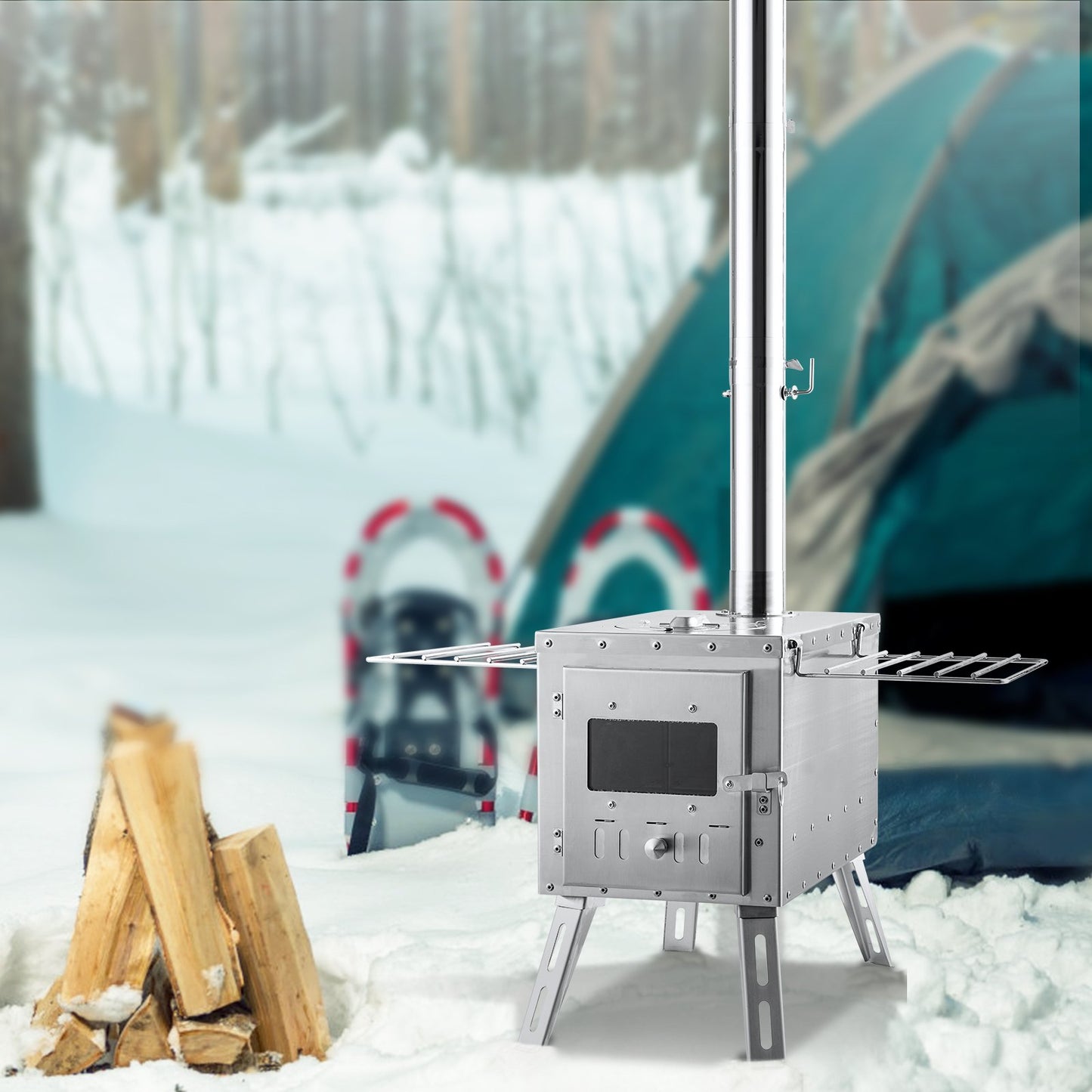 Portable Stainless Steel Wood Stove 86 Inch Camping Tent Heater with Chimney & Gloves