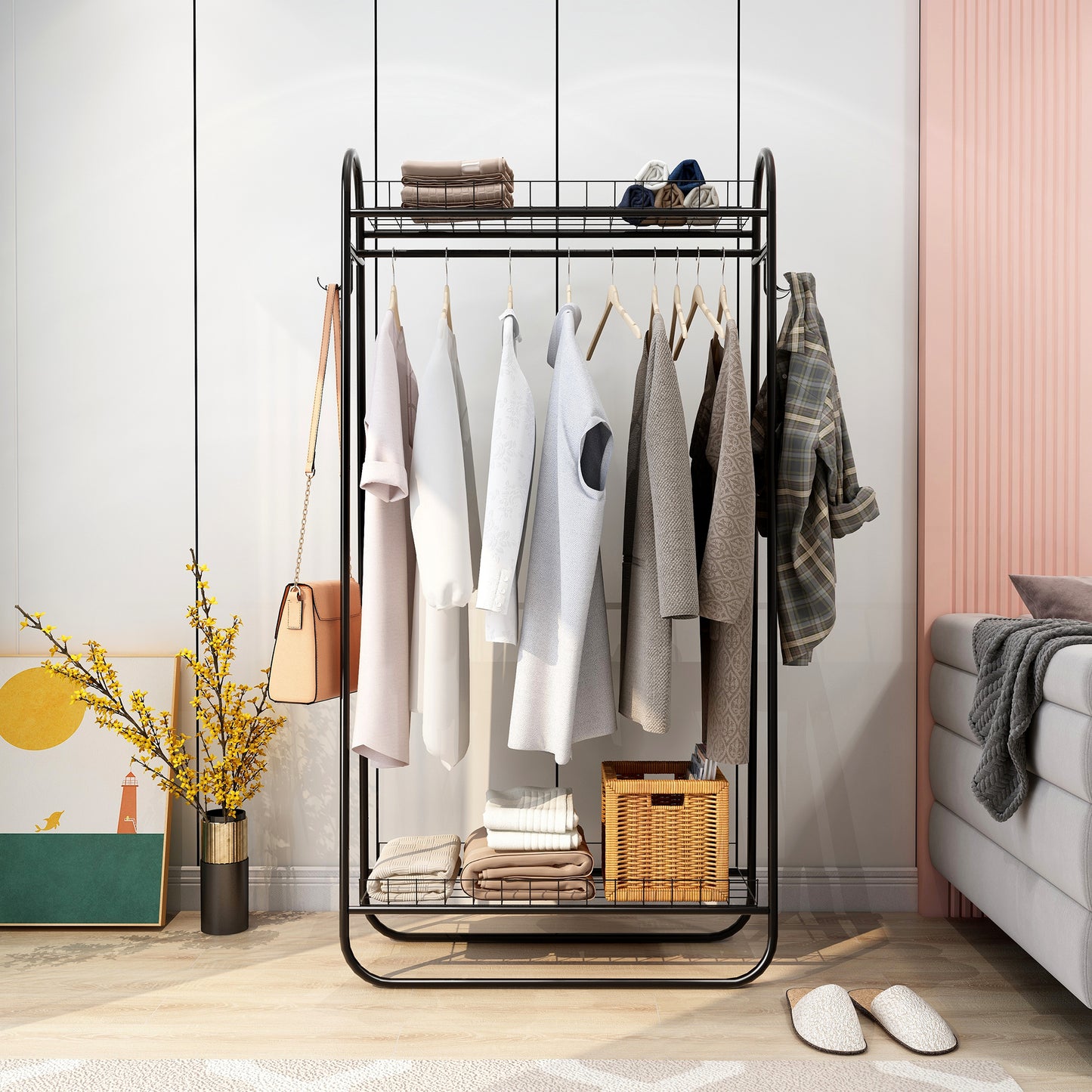 Heavy Duty Freestanding Clothes Rack with Double Shelves - Black