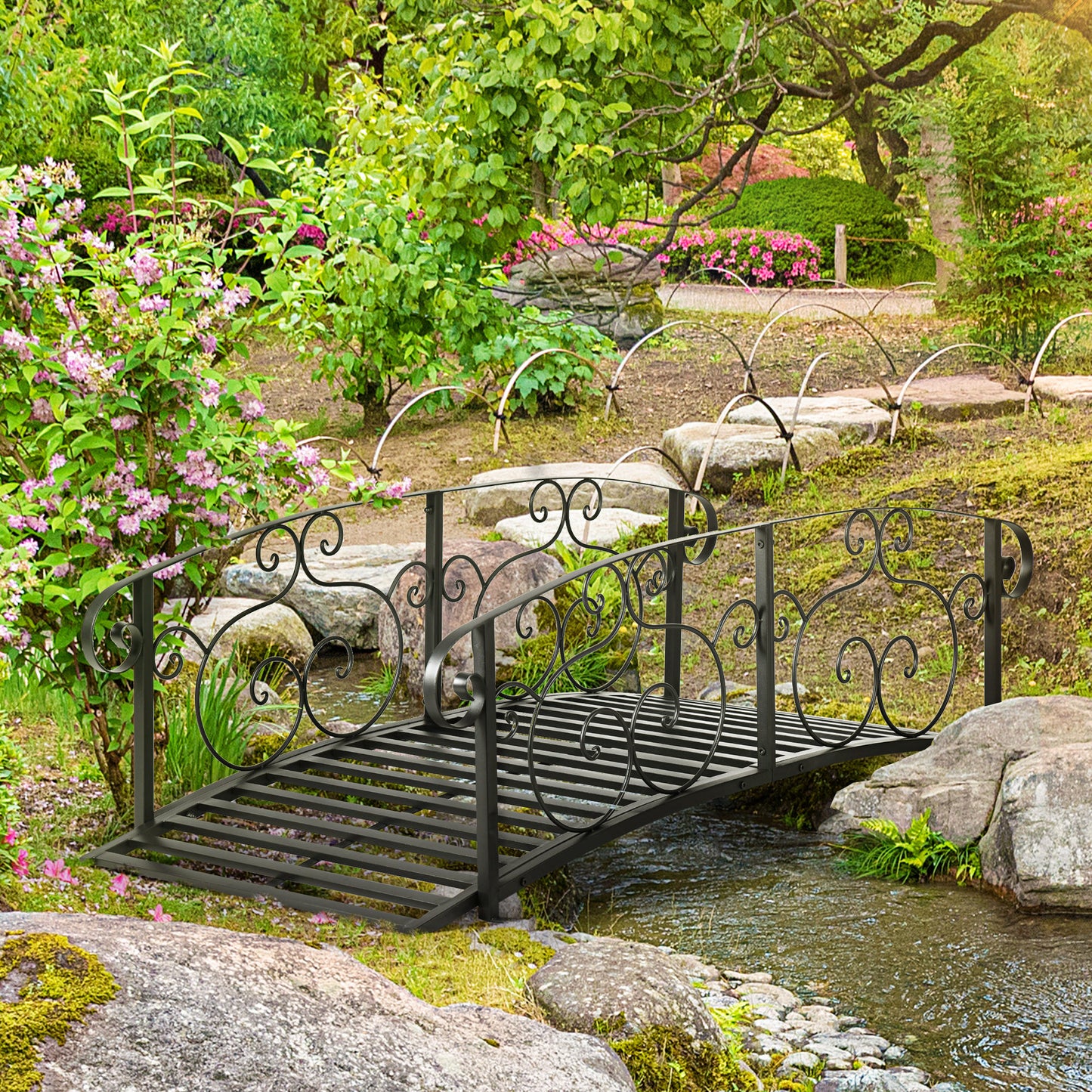 Metal Garden Footbridge with Safety Siderails - Black 1040x860x180mm
