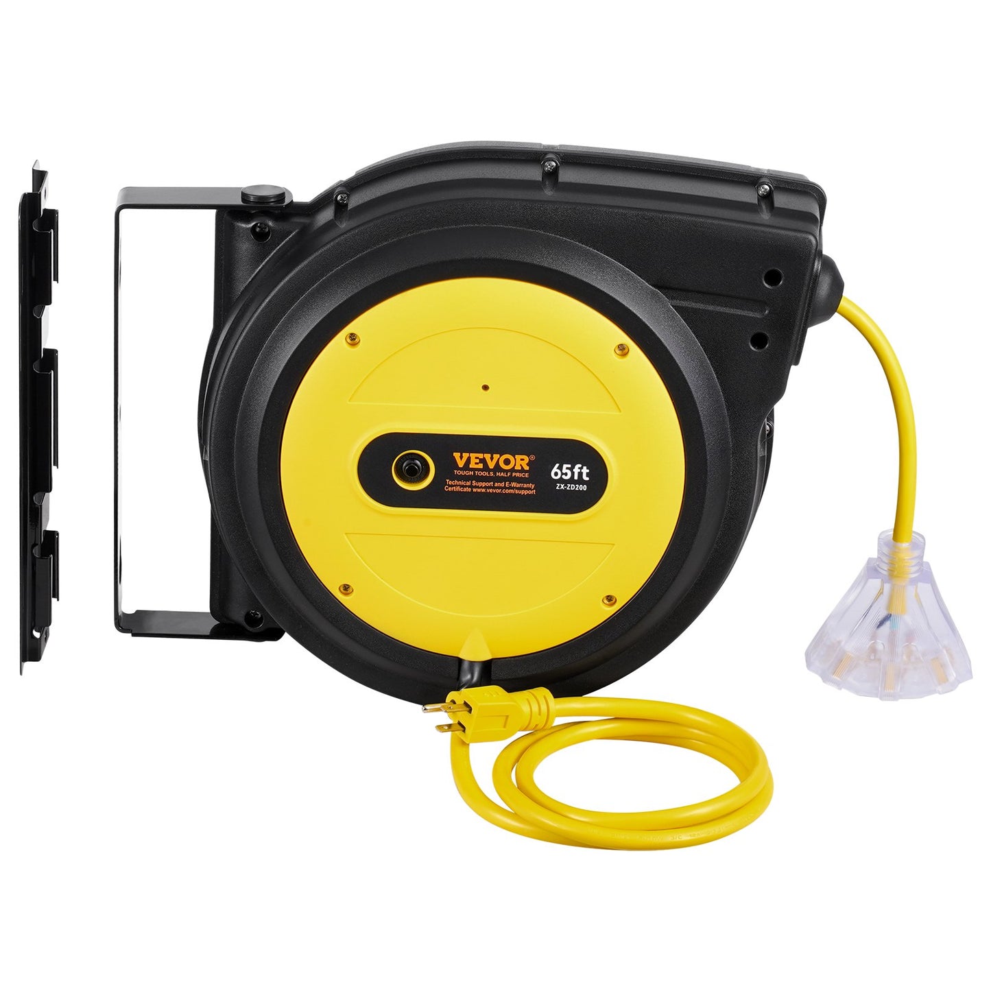 Heavy Duty 65FT Retractable Extension Cord Reel with 3-Outlets - Water-Resistant Power Cord