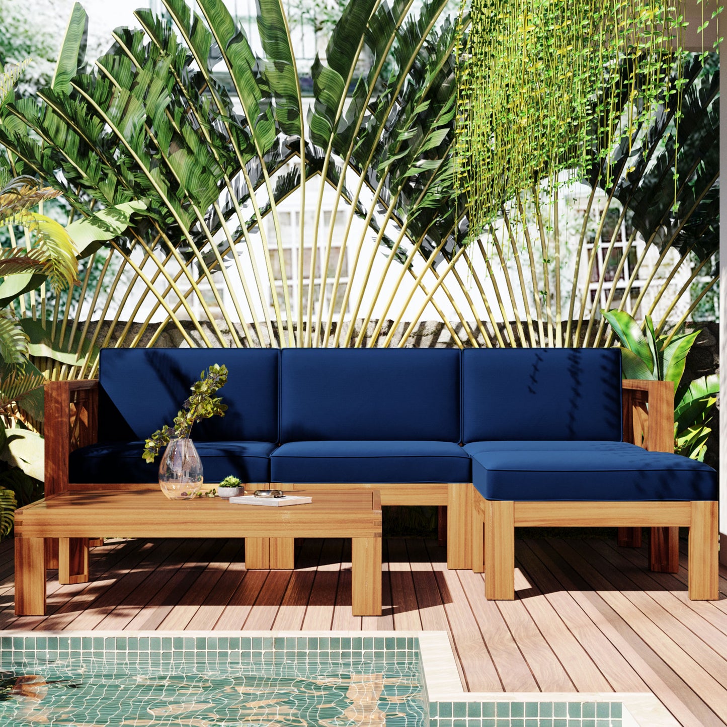 5-Piece Outdoor Patio Sectional Sofa Set with Blue Cushions