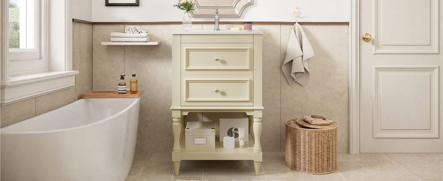 20'' Beige Bathroom Vanity with Ceramic Sink & 2 Drawers