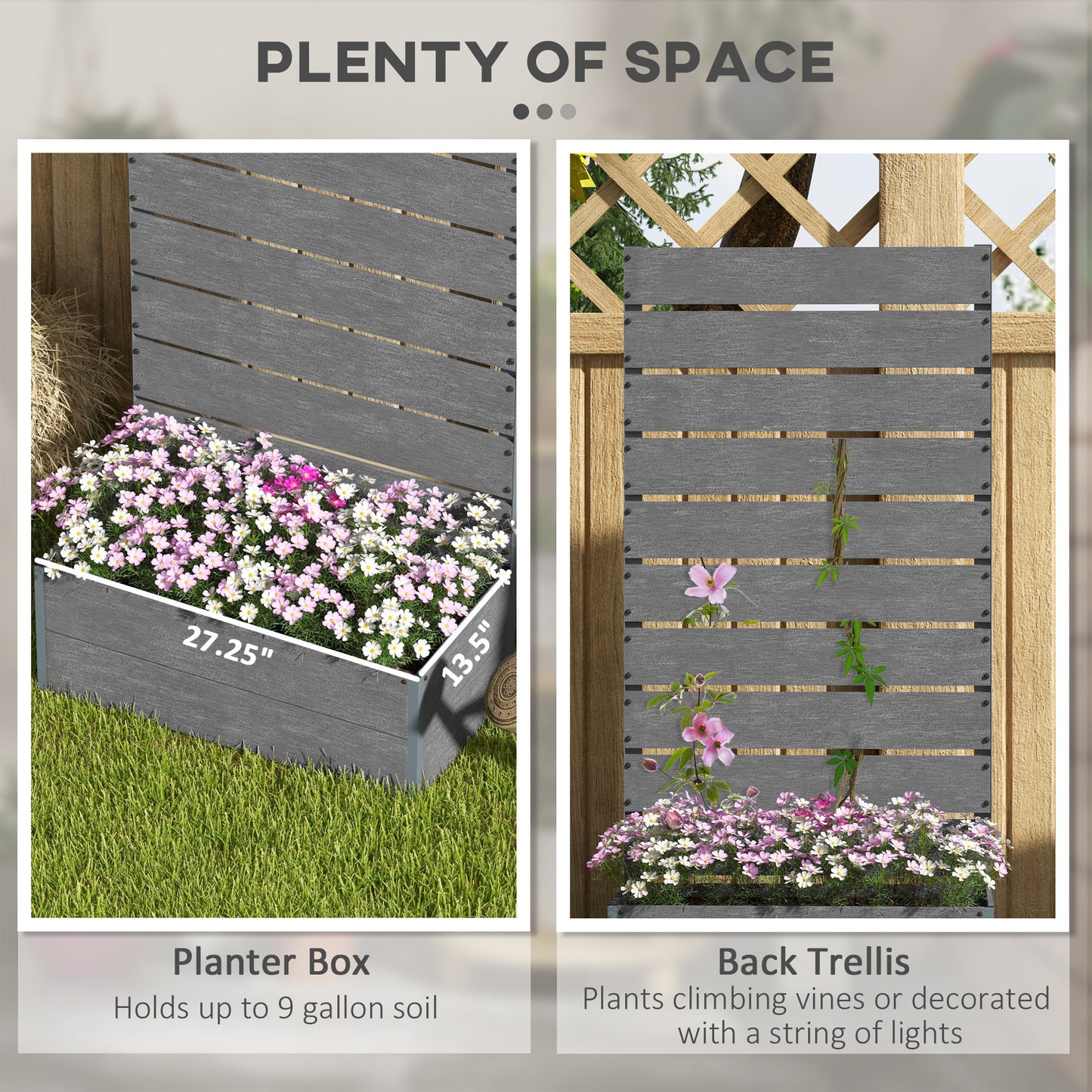 Raised Garden Bed with Trellis for Climbing Plants - Outdoor Planter Box, Gray, 28.25 x 15 x 59 inches