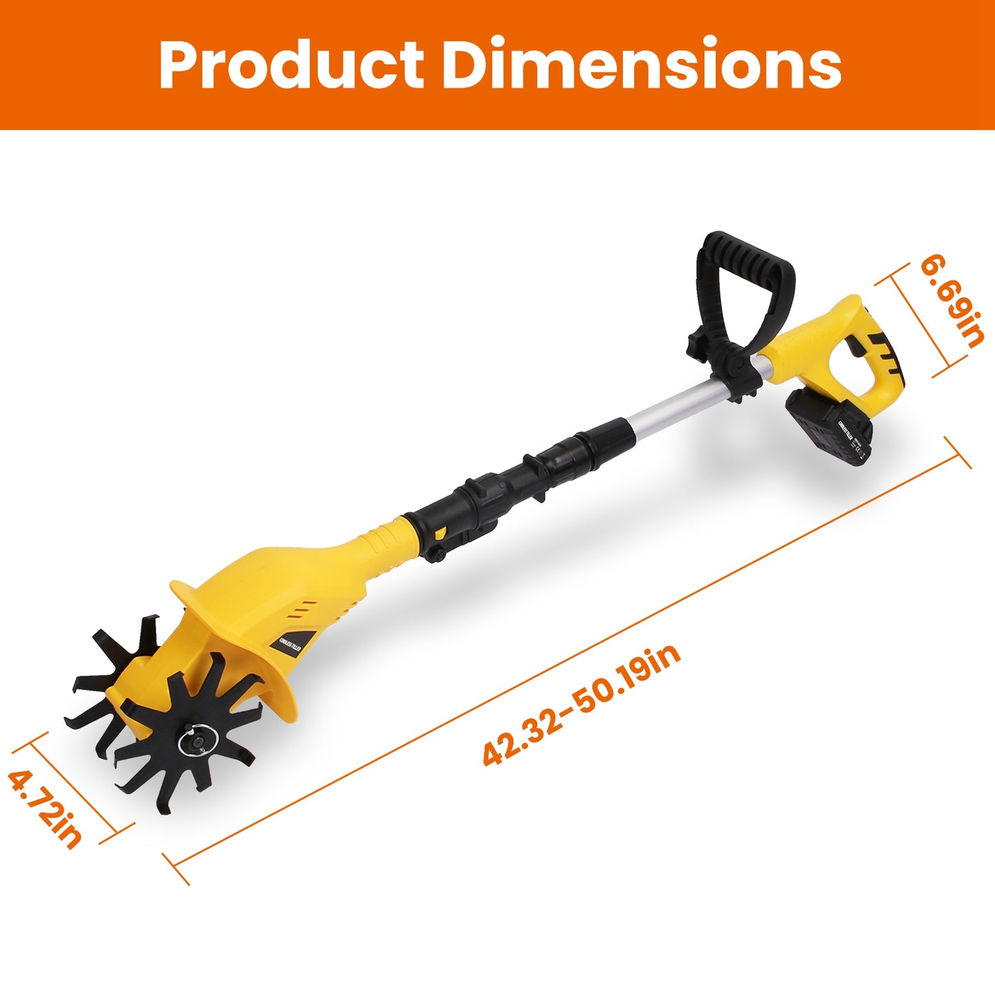 Cordless Electric Garden Tiller Cultivator 20V, 3.93in Width, 250RPM, Yellow