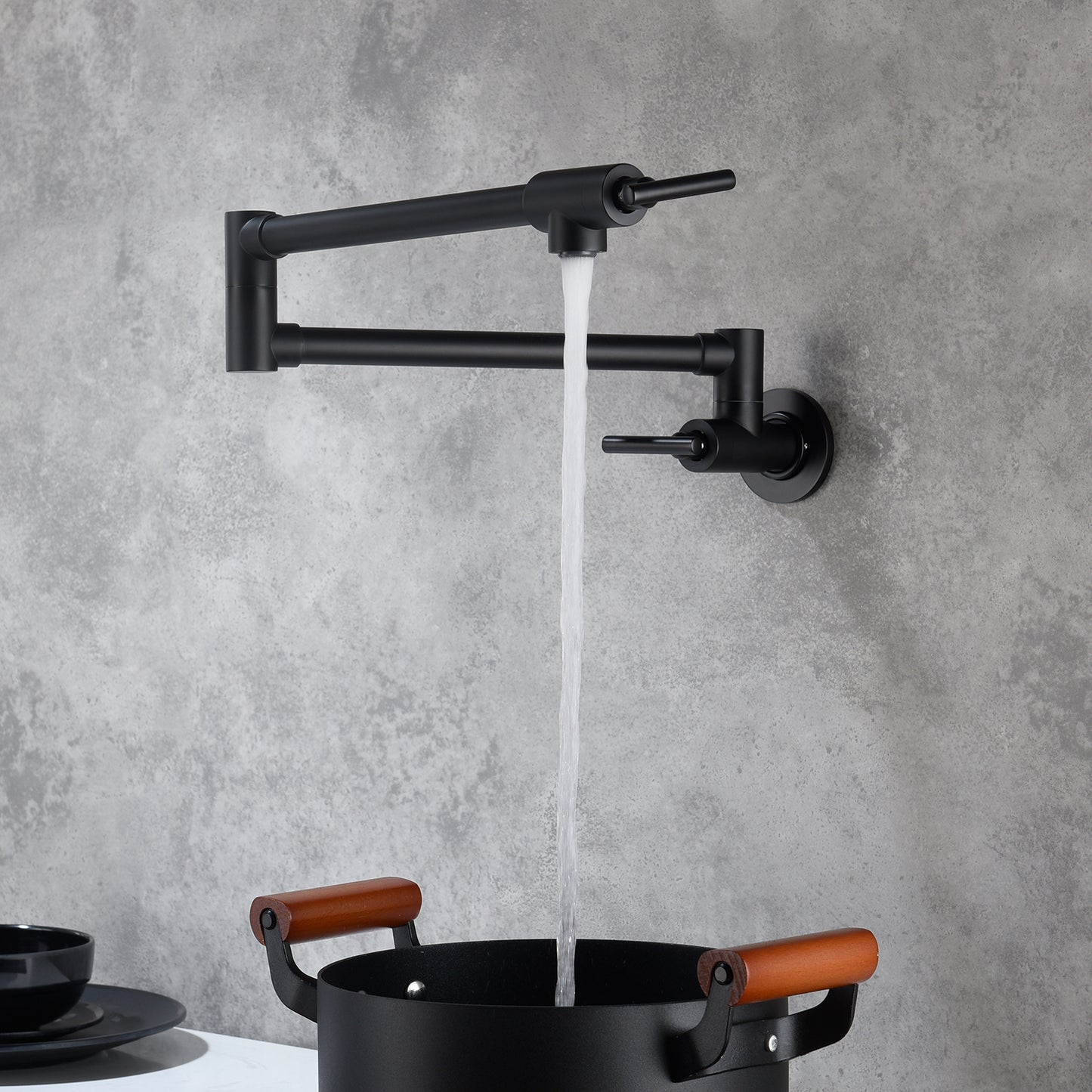 Wall Mount Pot Filler Faucet - Matte Black Brass Spout