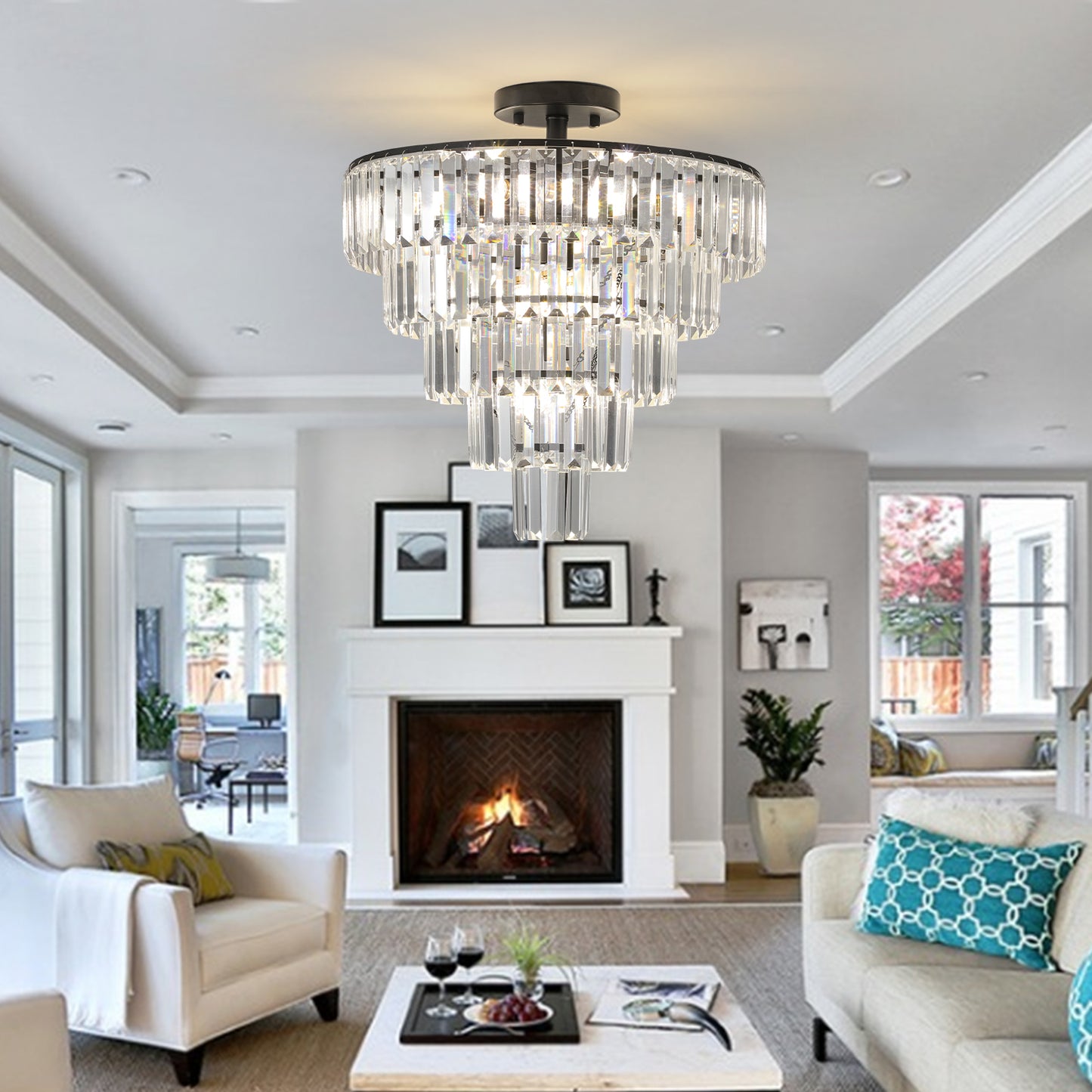 Modern Black Crystal Chandelier - 10-Light Flush Mount Fixture