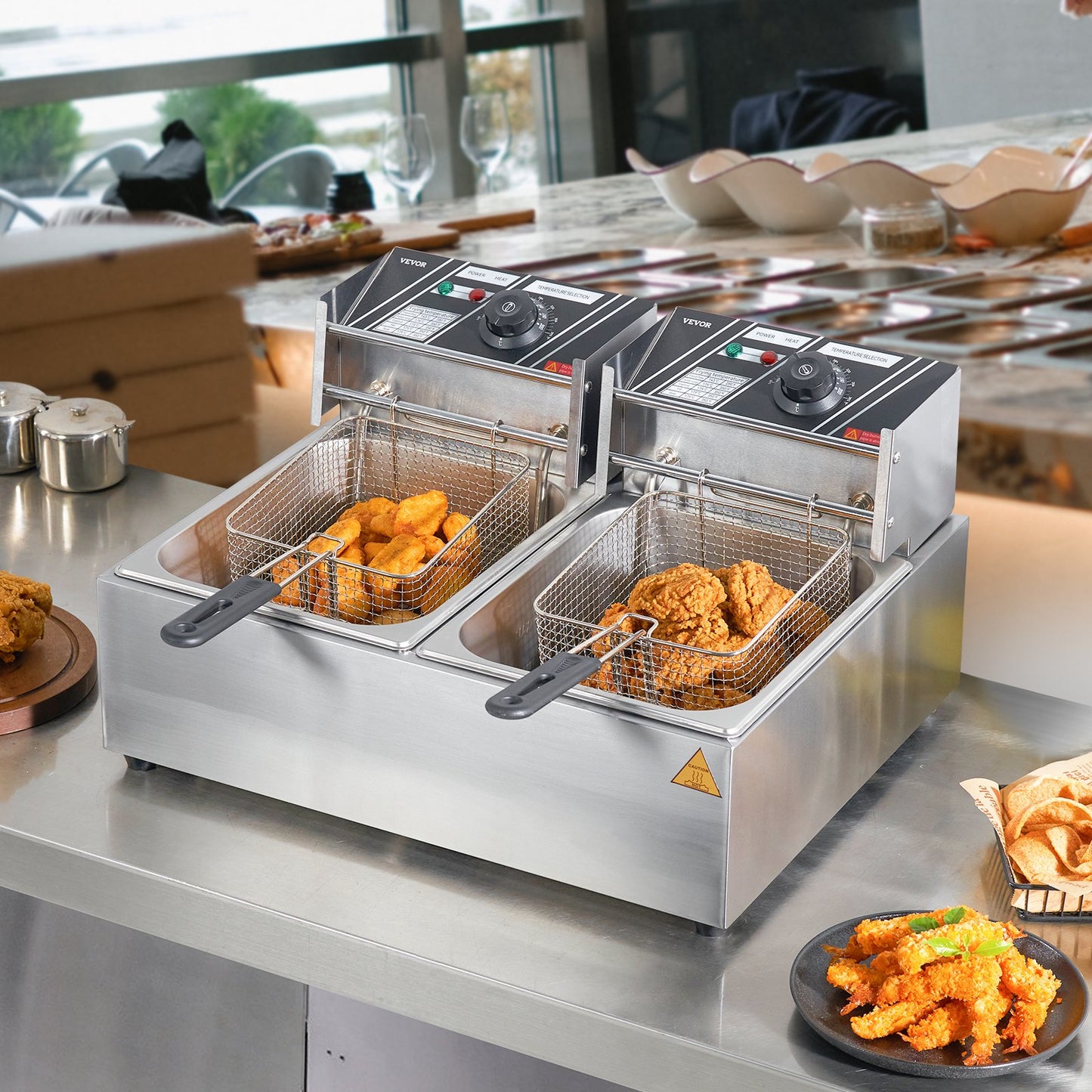 Commercial Electric Deep Fryer with Dual 10.6 Qt Tanks, Adjustable Temperature