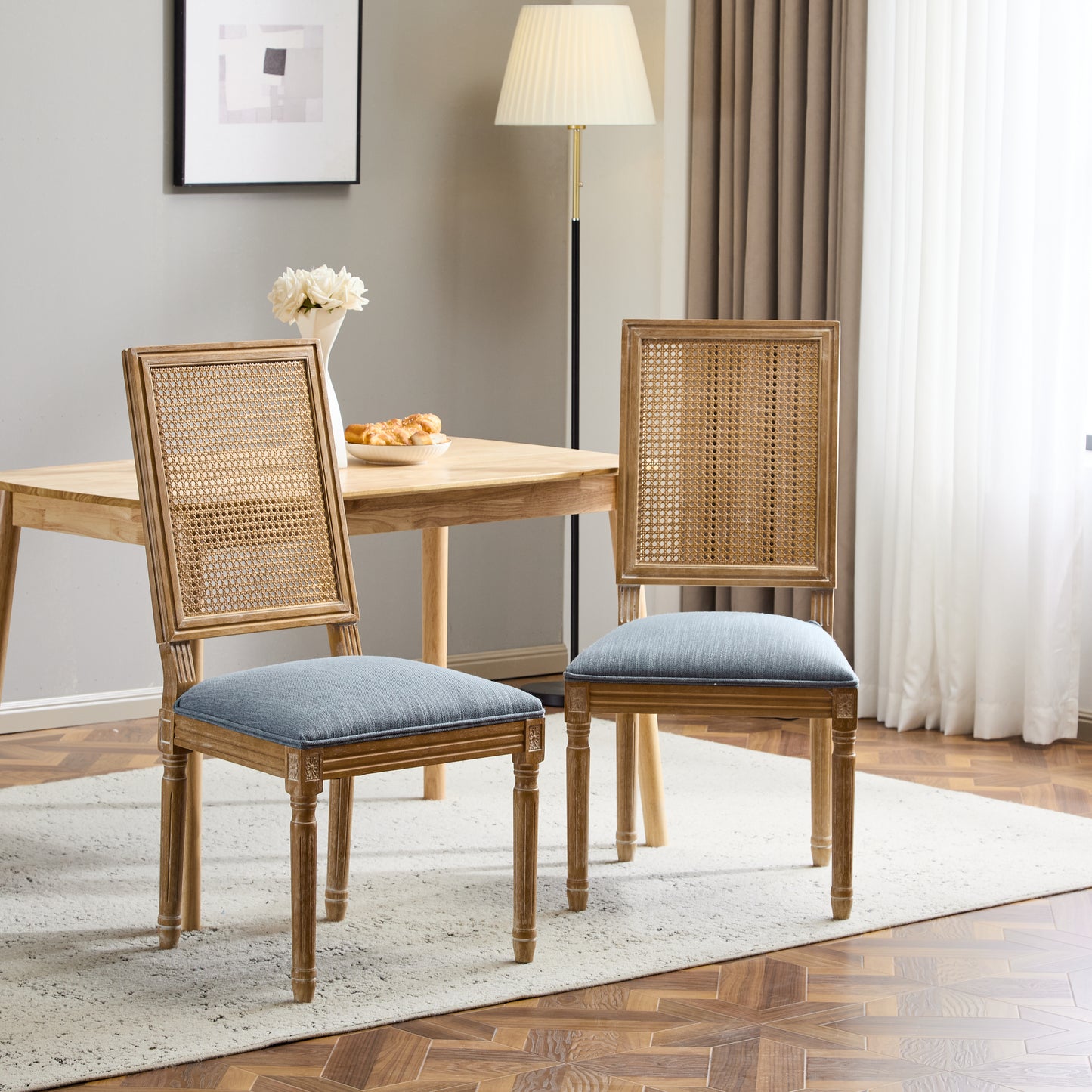 French Country Dining Chairs - Elegant Cane Backrest & Upholstered