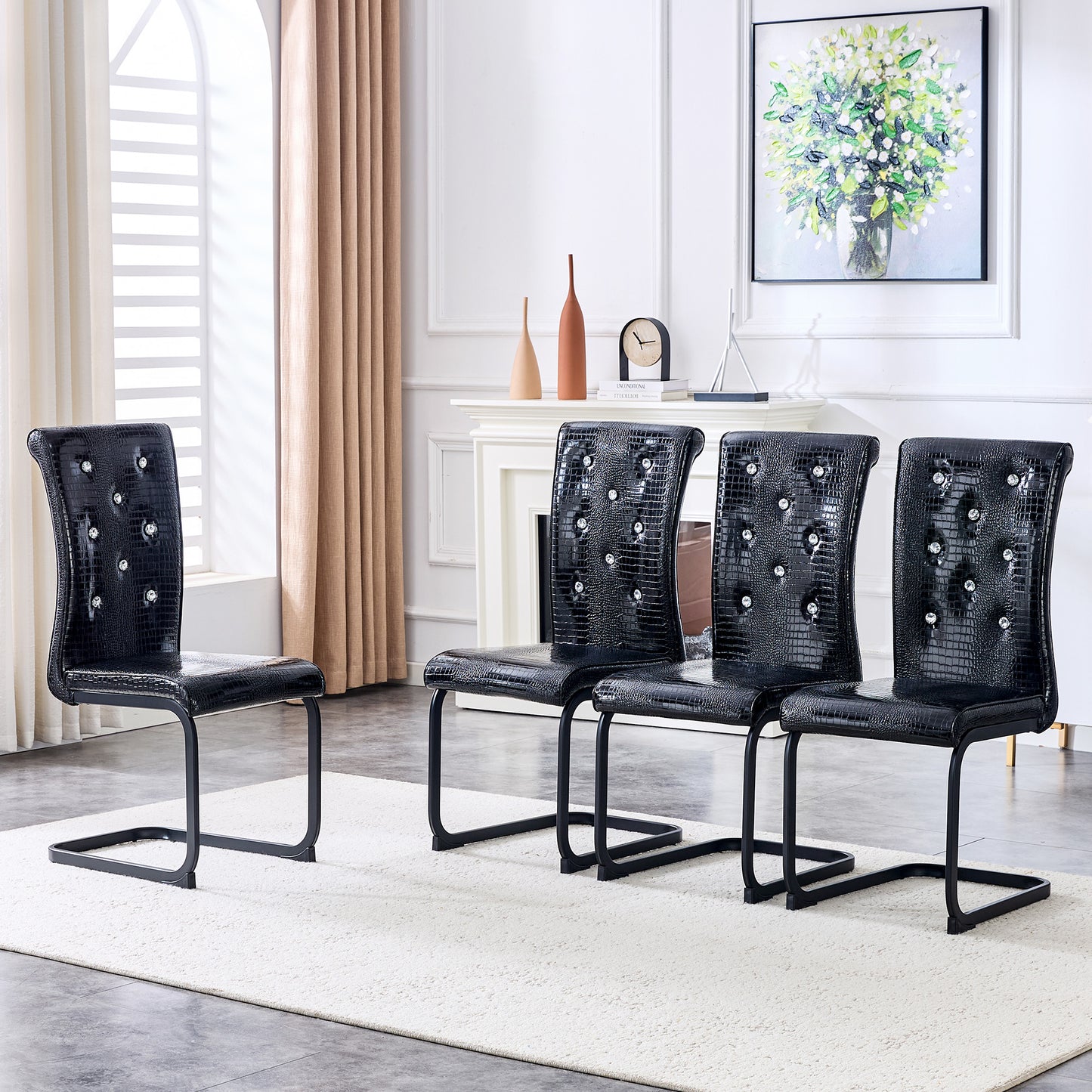 Set Of 4,Retro Alligator Skin Upholstered Dining Chairs,with Crystal