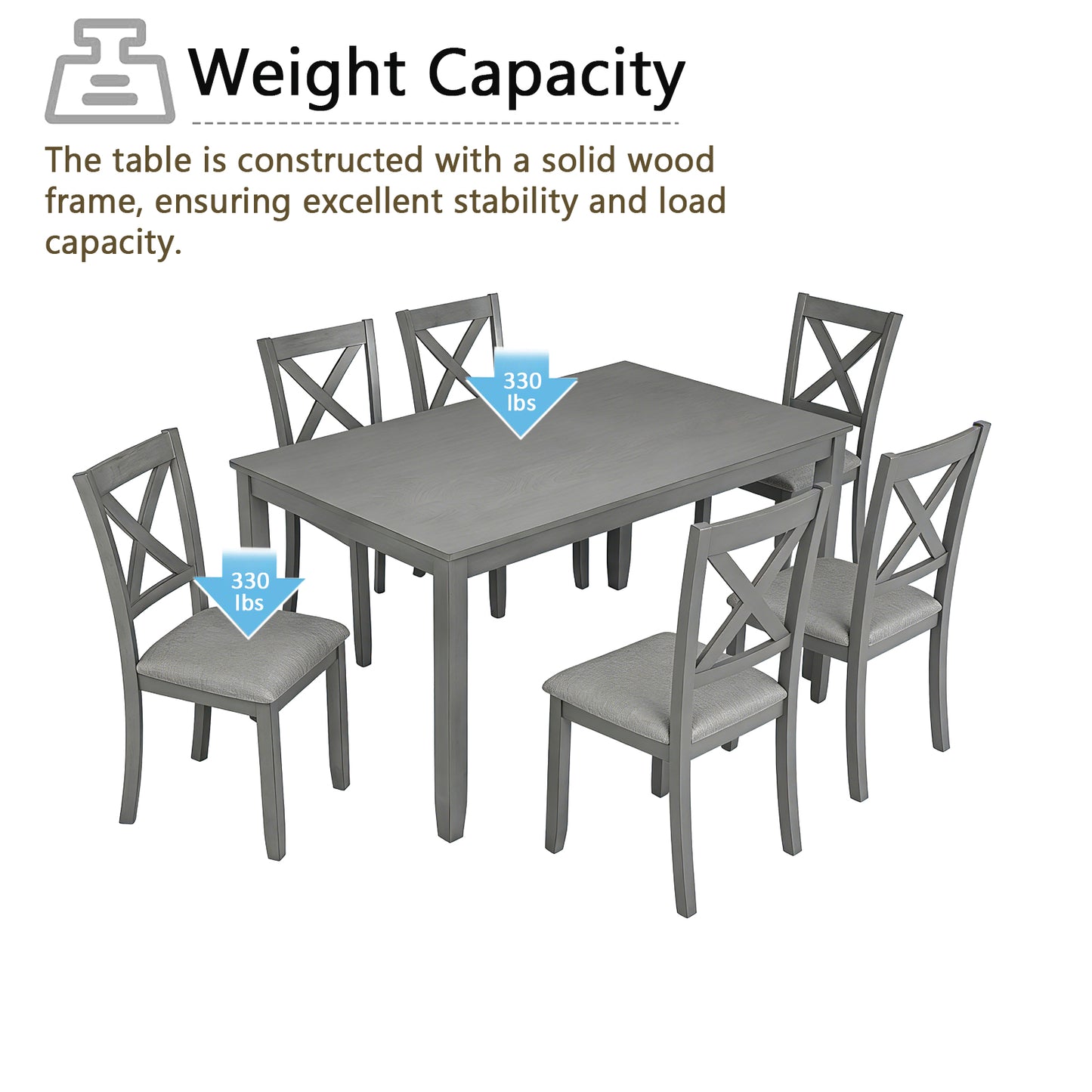 Modern 7-Piece Solid Wood Dining Table Set with 6 Chairs - Grey