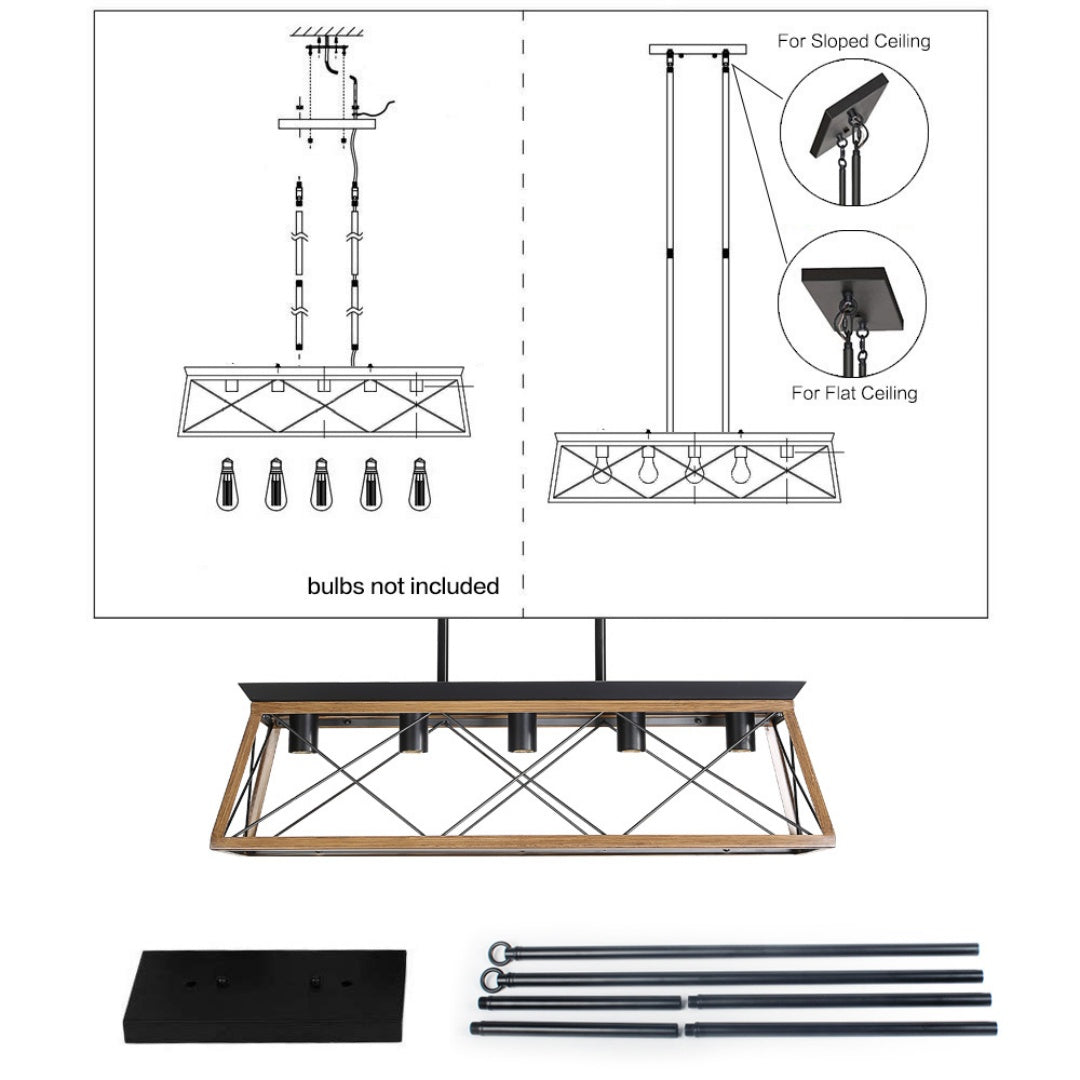 32-Inch Walnut Industrial 5-Light Pendant Chandelier - Adjustable