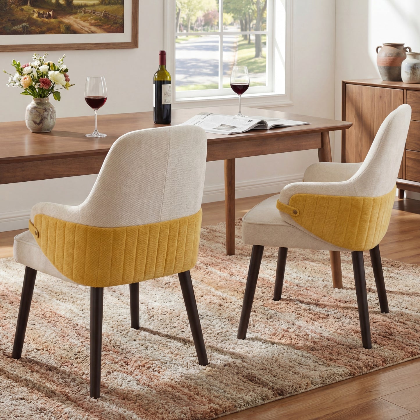 Indoor Dining Chair Set of 2 - Beige & Yellow Accent Armchairs