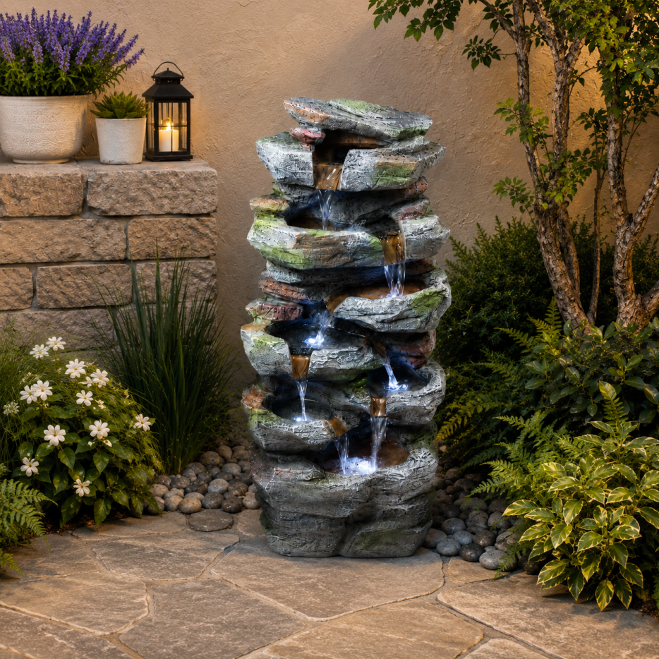 Outdoor Rock Waterfall Fountain with LED Lights for Garden Patio Lawn