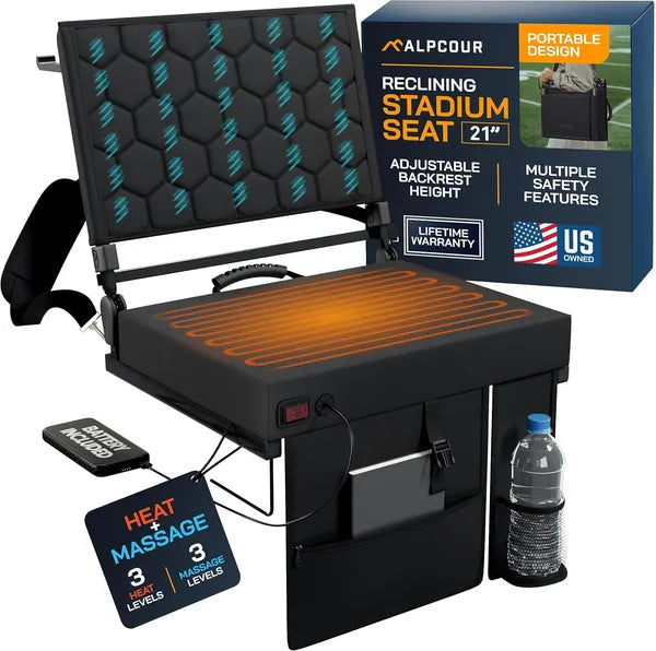 Heated Massage Reclining Stadium Seat with Back Support - Black