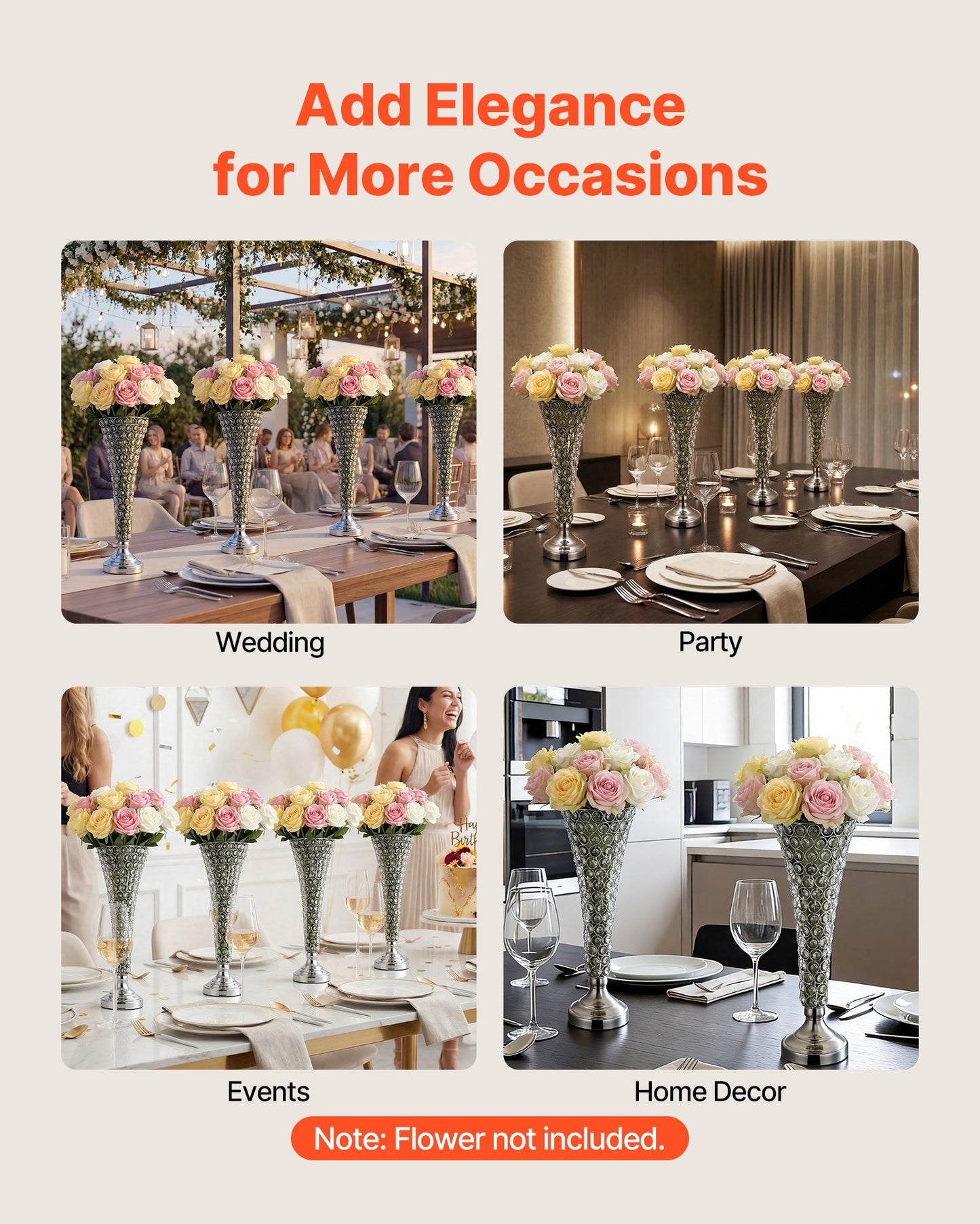 4 Pack Tall Crystal Vase Centerpieces for Weddings & Events - Silver