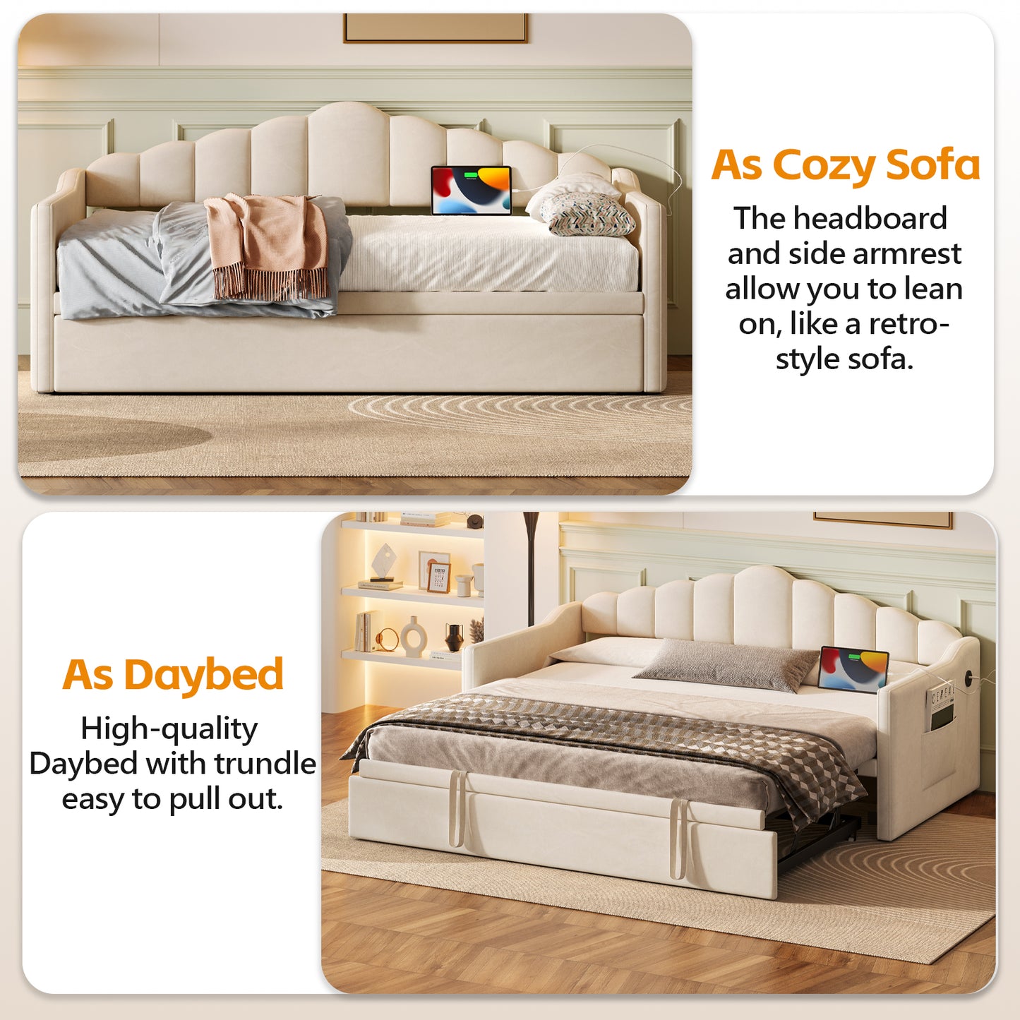 Upholstered Twin Size Daybed With Adjustable Height Pop Up Trundle