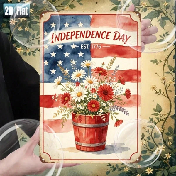 Patriotic Independence Day Floral Metal Tin Sign - 7.87 Inch