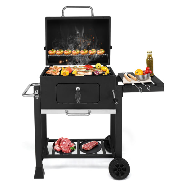 Heavy-Duty Charcoal Grill with Foldable Side Table and Wheels for Outdoor Cooking
