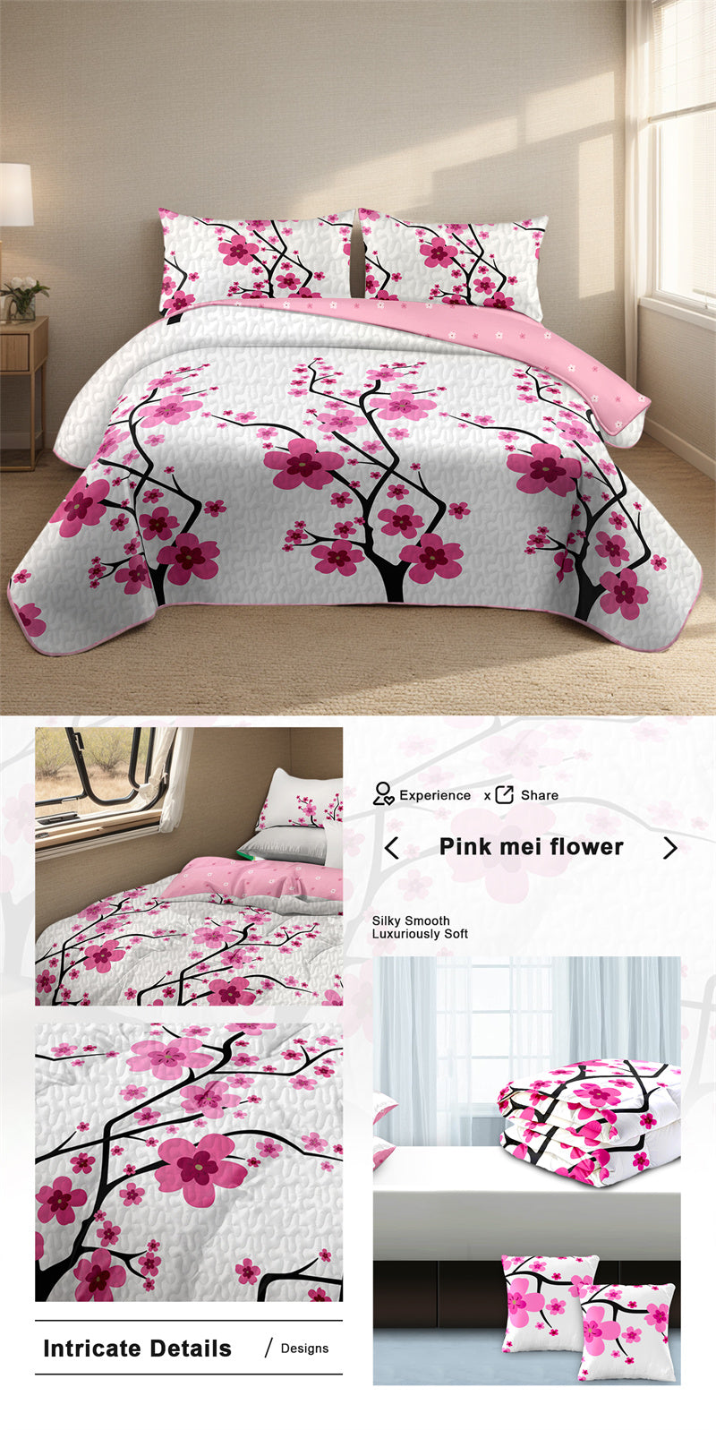 Pink Floral 5-Piece Quilt Set with Pillow Shams & Covers